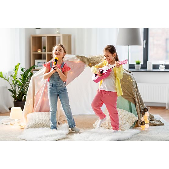 Drevená detská gitara kovové struny trsátko ružová ECOTOYS