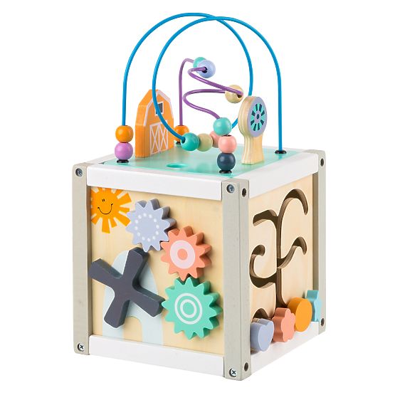 Drevená edukačná kocka s domčekom