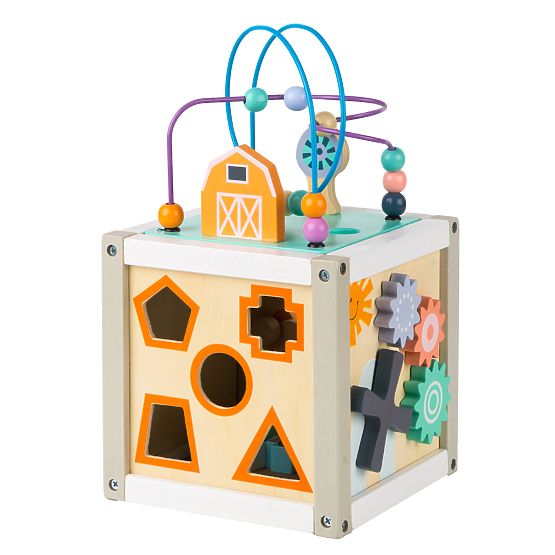 Drevená edukačná kocka s domčekom