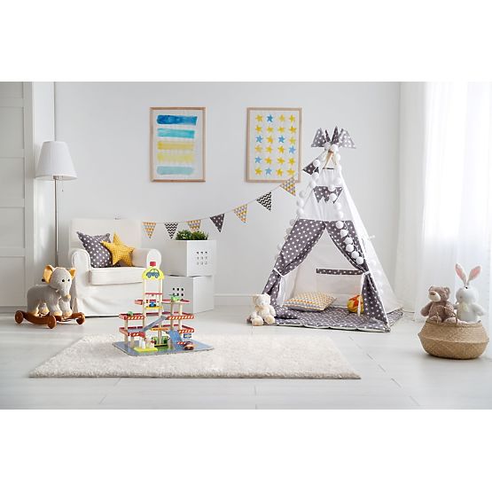 Drevená garáž Tomi s výťahom, autíčkami a helikoptérou