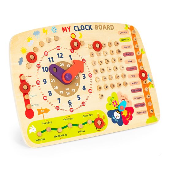 Drevená manipulačná tabuľa pre deti kalendár hodiny ECOTOYS