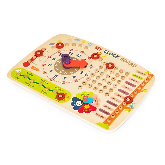 Drevená manipulačná tabuľa pre deti kalendár hodiny ECOTOYS