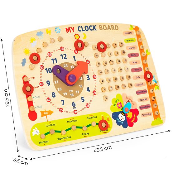 Drevená manipulačná tabuľa pre deti kalendár hodiny ECOTOYS