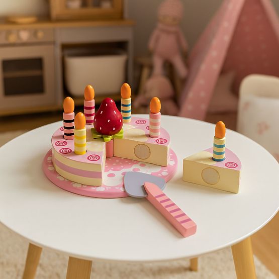 Drevená sada torty na suchý zips sviečky jahoda pre deti 15 prvkov ECOTOYS