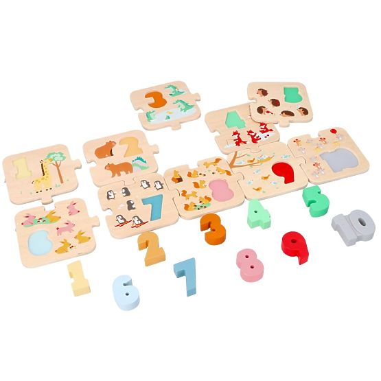 Drevené puzzle so zvieratkami - učenie čísel Montessori