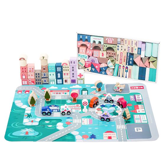 Drevené vzdelávacie kocky mesto s podložkou 115 ks ECOTOYS