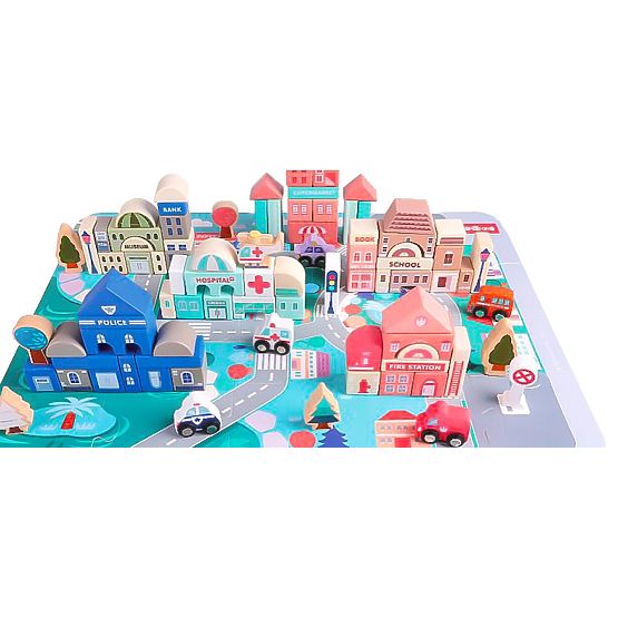 Drevené vzdelávacie kocky mesto s podložkou 115 ks ECOTOYS