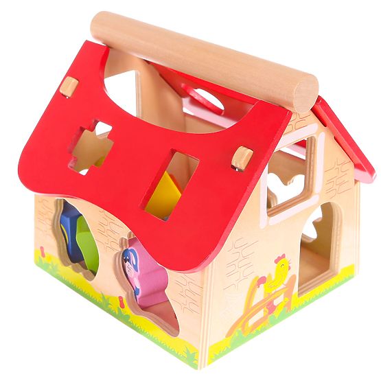 Drevený domček, farma triedič s kockami ECOTOYS