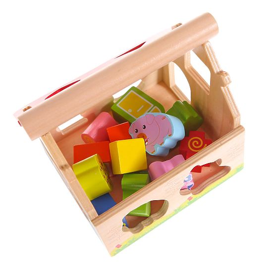 Drevený domček, farma triedič s kockami ECOTOYS