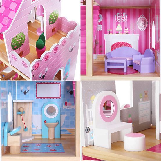 Drevený domček pre bábiky - ružová rezidencia