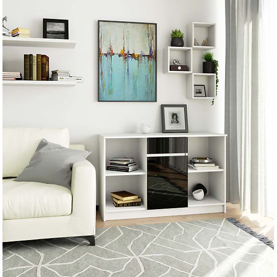 KOMODA B-17 120 cm 1 ZÁSUVKA 1 DVIERKA PK BIELA / ČIERNY LESK