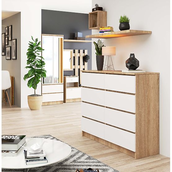 KOMODA K 120 cm 8 ZÁSUVIEK PK SONOMA / BIELA