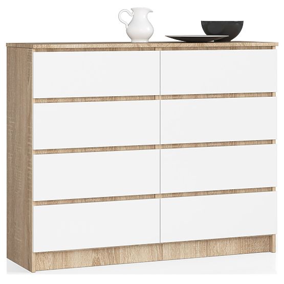 KOMODA K 120 cm 8 ZÁSUVIEK PK SONOMA / BIELA
