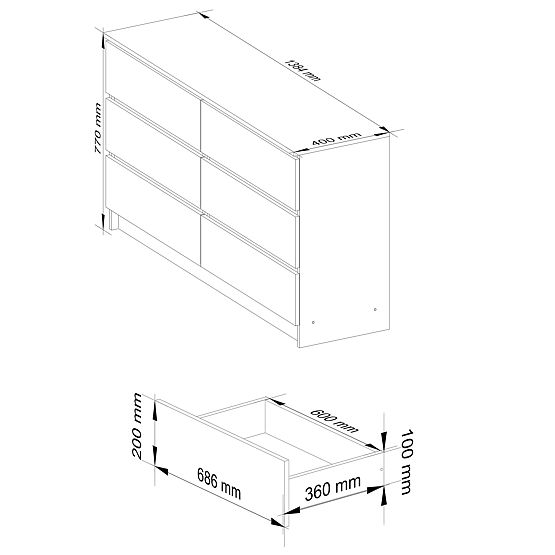 KOMODA K 140 cm 6 ZÁSUVIEK PK BIELA / SONOMA
