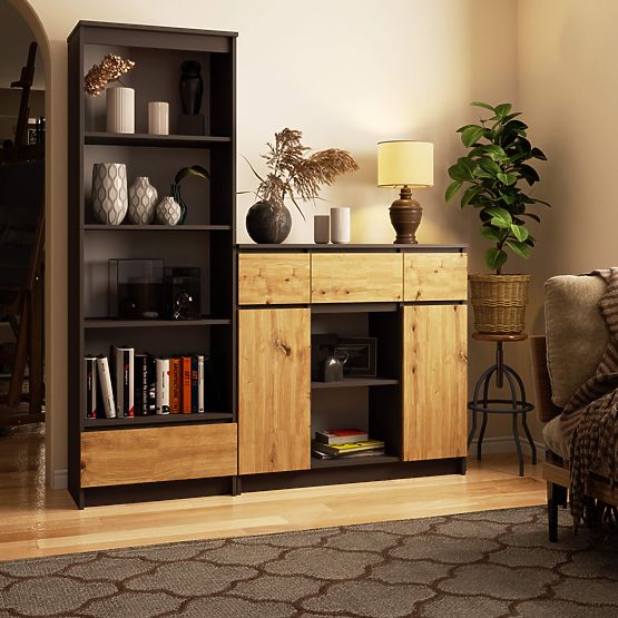 KOMODA K100 2D 3SZ 1P PK GRAFITOVÁ ŠEDÁ / DUB ARTISAN