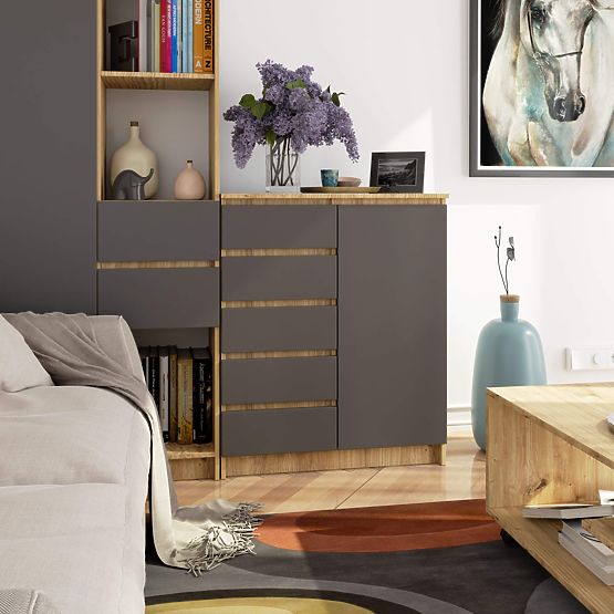 KOMODA K80 1D 5SZ PK DUB ARTISAN / GRAFITOVÁ ŠEDÁ