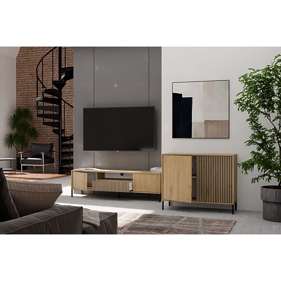 Komoda s drážkovaným čelom Skrinka KAMARO 2D Slim / Hladký DUB ARTISAN Lamely