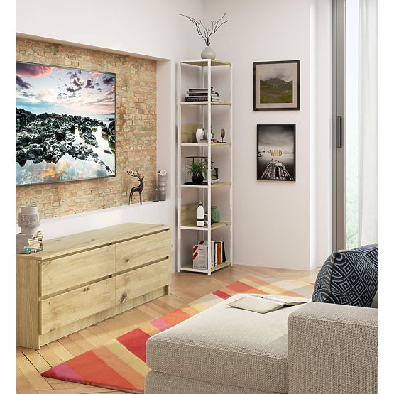 Kovový loftový regál 50 cm - biely-dub artisan - 6 políc