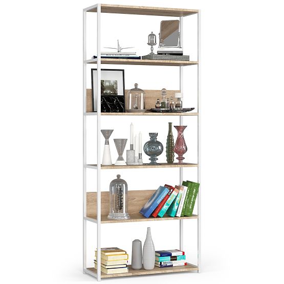 Kovový loftový regál 80 cm - biely-dub sonoma - 6 políc