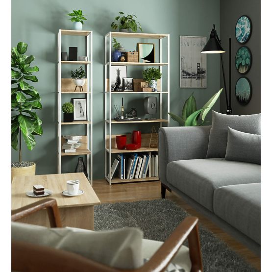 Kovový loftový regál 80 cm - biely-dub sonoma - 6 políc