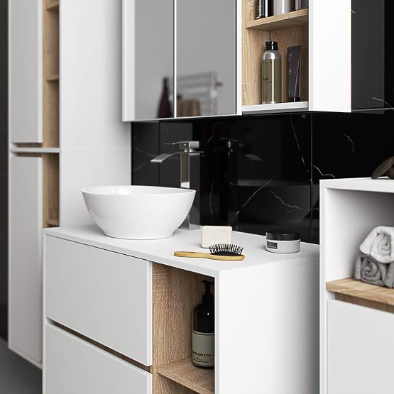 KÚPEĽŇOVÁ SKRINKA POD UMÝVADLO S OTVORMI VAMI W90 UM 2SZ 2P BIELA / DUB SONOMA