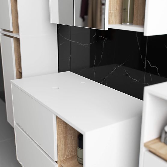 KÚPEĽŇOVÁ SKRINKA POD UMÝVADLO S OTVORMI VAMI W90 UM 2SZ 2P BIELA / DUB SONOMA