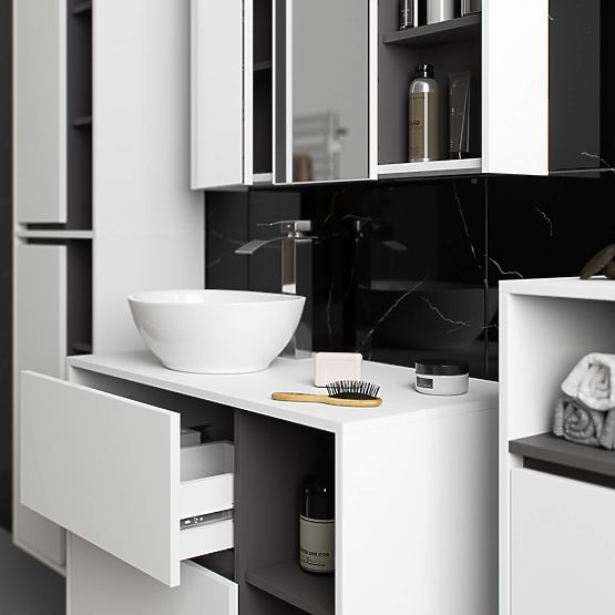 KÚPEĽŇOVÁ SKRINKA POD UMÝVADLO S OTVORMI VAMI W90 UM 2SZ 2P BIELA / GRAFITOVÁ SIVÁ