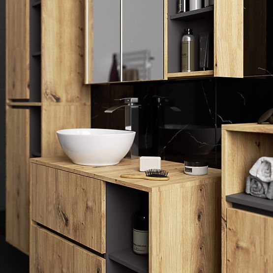 KÚPEĽŇOVÁ SKRINKA POD UMÝVADLO S OTVORMI VAMI W90 UM 2SZ 2P DUB ARTISAN / GRAFITOVÁ SIVÁ