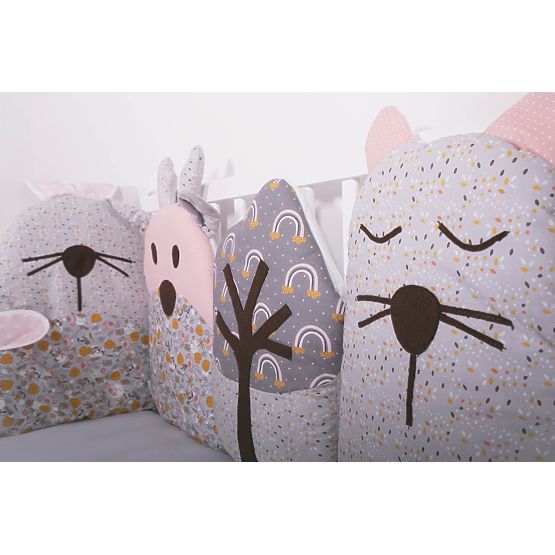 Modulový mantinel do postieľky Flowers - šedo-ružový