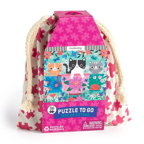 Mudpuppy Puzzle Mačiatka v čajovom hrnčeku v látkovom vrecku 36 dielikov