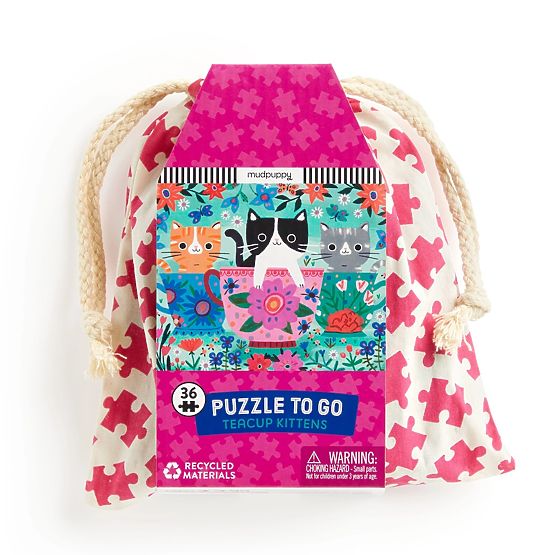 Mudpuppy Puzzle Mačiatka v čajovom hrnčeku v látkovom vrecku 36 dielikov