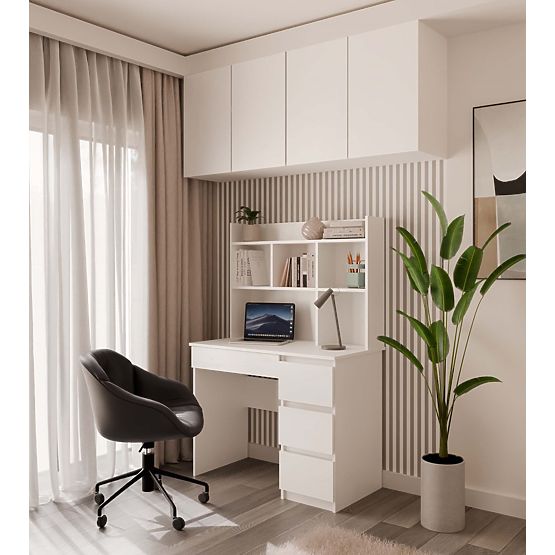 Písací stôl MIJAS Ľavý S Nadstavcom Biely Mat 4 Zásuvky 4 Poličky Do Kancelárie Izby