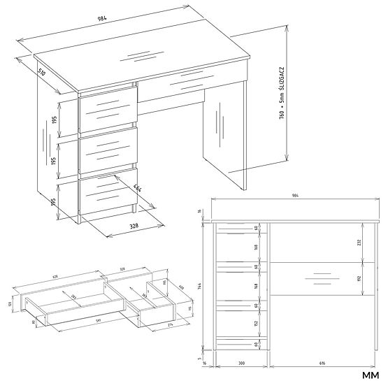 Písací stôl MIJAS Ľavý S Nadstavcom Biely Mat 4 Zásuvky 4 Poličky Do Kancelárie Izby