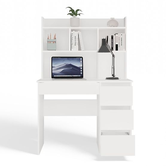 Písací stôl MIJAS Pravý s Nástavcom Biely Mat 4 Zásuvky 4 Poličky Do Kancelárie Izby