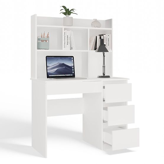 Písací stôl MIJAS Pravý s Nástavcom Biely Mat 4 Zásuvky 4 Poličky Do Kancelárie Izby