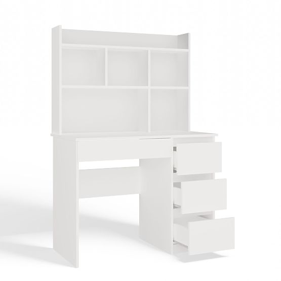 Písací stôl MIJAS Pravý s Nástavcom Biely Mat 4 Zásuvky 4 Poličky Do Kancelárie Izby