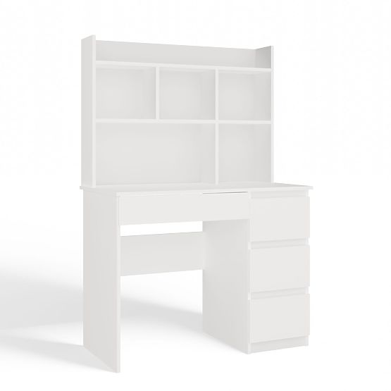 Písací stôl MIJAS Pravý s Nástavcom Biely Mat 4 Zásuvky 4 Poličky Do Kancelárie Izby