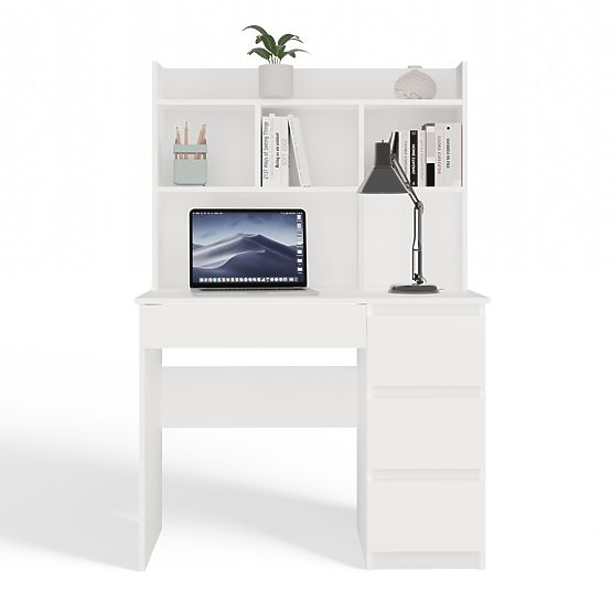 Písací stôl MIJAS Pravý s Nástavcom Biely Mat 4 Zásuvky 4 Poličky Do Kancelárie Izby