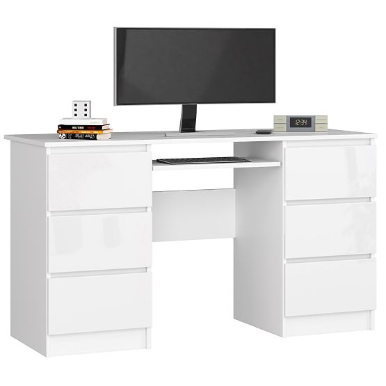 POČÍTAČOVÝ STÔL A-11 135 cm 6 ZÁSUVIEK PK BIELA / BIELY LESK