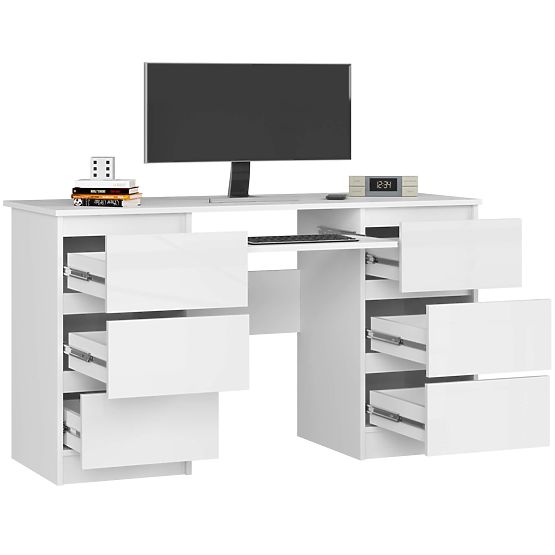 POČÍTAČOVÝ STÔL A-11 135 cm 6 ZÁSUVIEK PK BIELA / BIELY LESK