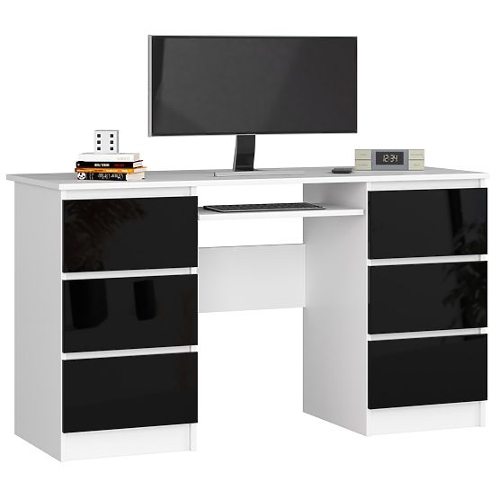 POČÍTAČOVÝ STÔL A-11 135 cm 6 ZÁSUVIEK PK BIELA / ČIERNY LESK