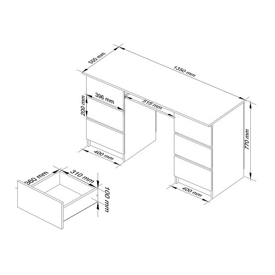 POČÍTAČOVÝ STÔL A-11 135 cm 6 ZÁSUVIEK PK BIELA / ČIERNY LESK