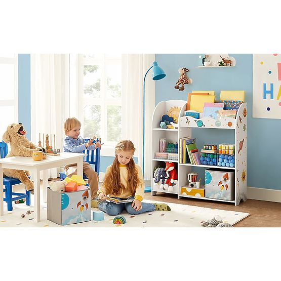 Regál na hračky skrinka pre deti 5 políc 2 úložné boxy priehradky na knihy