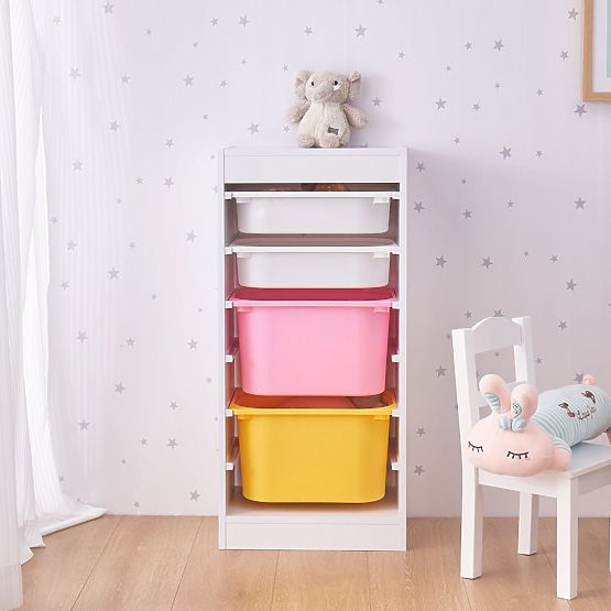Regál s úložnými boxami Tower - ružová / žltá