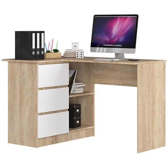 ROHOVÝ PÍSACÍ STÔL B16 124 cm ĽAVÝ 3 ZÁSUVKY DUB SONOMA / BIELA