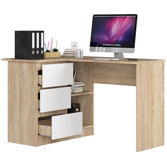 ROHOVÝ PÍSACÍ STÔL B16 124 cm ĽAVÝ 3 ZÁSUVKY DUB SONOMA / BIELA