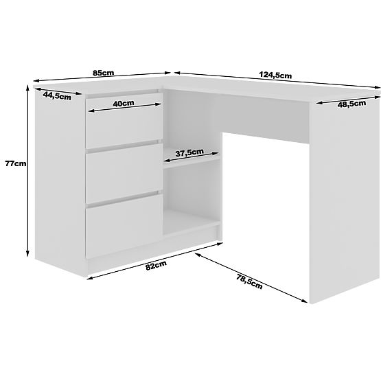 ROHOVÝ PÍSACÍ STÔL B16 124 cm ĽAVÝ 3 ZÁSUVKY PK BIELA / SONOMA