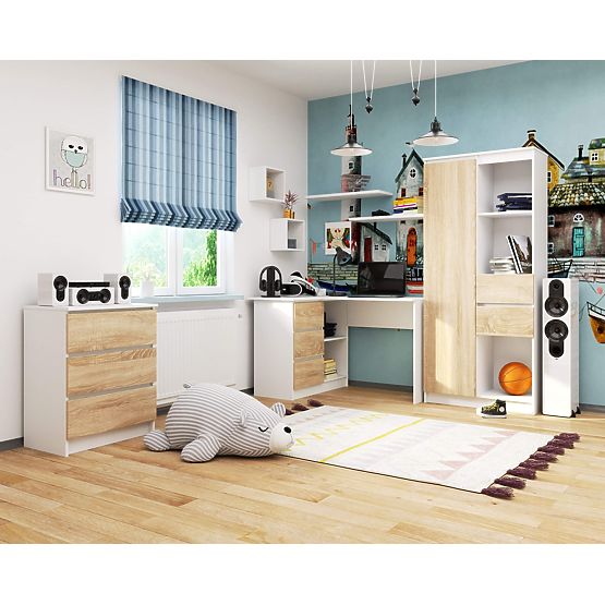 ROHOVÝ PÍSACÍ STÔL B16 124 cm ĽAVÝ 3 ZÁSUVKY PK BIELA / SONOMA