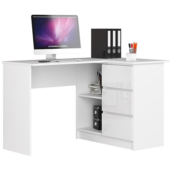 ROHOVÝ PÍSACÍ STÔL B16 124 cm PRAVÝ 3 ZÁSUVKY PK BIELY / BIELY LESK