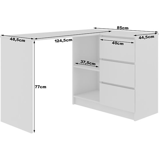 ROHOVÝ PÍSACÍ STÔL B16 124 cm PRAVÝ 3 ZÁSUVKY PK BIELY / BIELY LESK